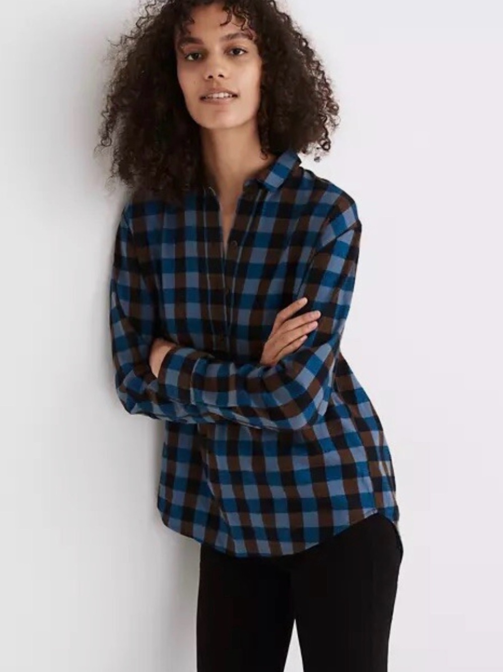 Madewell 100% Cotton Blue & Brown Buffalo Check Popover Top Cabincore Fall Vibes